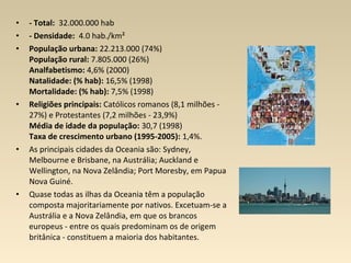 • - Total: 32.000.000 hab
• - Densidade: 4.0 hab./km²
• População urbana: 22.213.000 (74%)
População rural: 7.805.000 (26%)
Analfabetismo: 4,6% (2000)
Natalidade: (% hab): 16,5% (1998)
Mortalidade: (% hab): 7,5% (1998)
• Religiões principais: Católicos romanos (8,1 milhões -
27%) e Protestantes (7,2 milhões - 23,9%)
Média de idade da população: 30,7 (1998)
Taxa de crescimento urbano (1995-2005): 1,4%.
• As principais cidades da Oceania são: Sydney,
Melbourne e Brisbane, na Austrália; Auckland e
Wellington, na Nova Zelândia; Port Moresby, em Papua
Nova Guiné.
• Quase todas as ilhas da Oceania têm a população
composta majoritariamente por nativos. Excetuam-se a
Austrália e a Nova Zelândia, em que os brancos
europeus - entre os quais predominam os de origem
britânica - constituem a maioria dos habitantes.
 