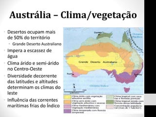 Austrália – Clima/vegetação Desertos ocupam mais de 50% do território Grande Deserto Australiano Impera a escassez de água Clima árido e semi-árido no Centro-Oeste  Diversidade decorrente das latitudes e altitudes determinam os climas do leste Influência das correntes marítimas frias do Índico 