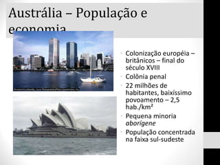 Austrália – População e economia Colonização européia – britânicos – final do século XVIII Colônia penal 22 milhões de habitantes, baixíssimo povoamento – 2,5 hab./km² Pequena minoria  aborígene População concentrada na faixa sul-sudeste  
