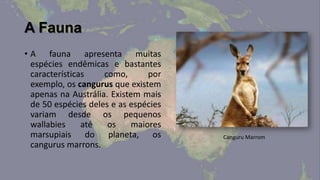 A Fauna
• A fauna apresenta muitas
  espécies endêmicas e bastantes
  características    como,       por
  exemplo, os cangurus que existem
  apenas na Austrália. Existem mais
  de 50 espécies deles e as espécies
  variam desde os pequenos
  wallabies     até   os     maiores
  marsupiais do planeta, os            Canguru Marrom
  cangurus marrons.
 