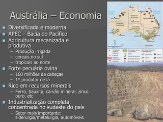 Austrália – Economia
 Diversificada e moderna
 APEC – Bacia do Pacífico
 Agricultura mecanizada e
produtiva
– Produção irrigada
– cereais no sul
– tropicais ao norte
 Forte pecuária ovina
– 160 milhões de cabeças
– 1° produtor de lã
 Rico em recursos minerais
– Ferro, bauxita, carvão mineral, zinco,
ouro, etc
 Industrialização completa,
concentrada no sudeste do país
– Setor mais importante:
siderurgia/metalurgia, automóveis
 