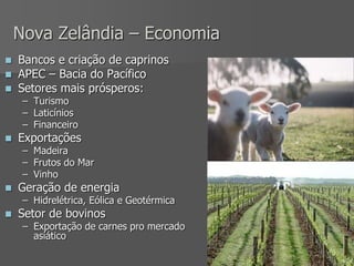 Nova Zelândia – Economia
 Bancos e criação de caprinos
 APEC – Bacia do Pacífico
 Setores mais prósperos:
– Turismo
– Laticínios
– Financeiro
 Exportações
– Madeira
– Frutos do Mar
– Vinho
 Geração de energia
– Hidrelétrica, Eólica e Geotérmica
 Setor de bovinos
– Exportação de carnes pro mercado
asíático
 