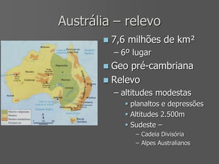 Austrália – relevo
 7,6 milhões de km²
– 6º lugar
 Geo pré-cambriana
 Relevo
– altitudes modestas
 planaltos e depressões
 Altitudes 2.500m
 Sudeste –
– Cadeia Divisória
– Alpes Australianos
 