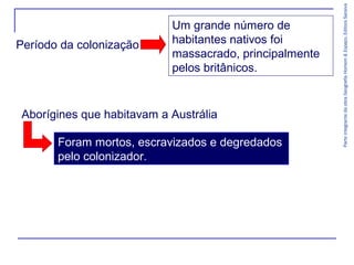Aborígines que habitavam a Austrália
Foram mortos, escravizados e degredados
pelo colonizador.

Parte integrante da obra Geografia Homem & Espaço, Editora Saraiva

Período da colonização

Um grande número de
habitantes nativos foi
massacrado, principalmente
pelos britânicos.

 