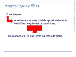 O continente
Apresenta uma área total de aproximadamente
9 milhões de quilômetros quadrados.

Corresponde a 6% das terras emersas do globo.

Parte integrante da obra Geografia Homem & Espaço, Editora Saraiva

Arquipélagos e ilhas

 