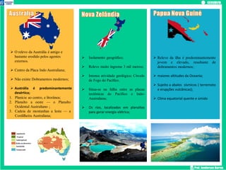 Prof. Janderson Barros
 O relevo da Austrália é antigo e
bastante erodido pelos agentes
externos.
 Centro da Placa Indo Australiana;
 Não existe Dobramentos modernos;
 Austrália é predominantemente
desértica;
1. Planície ao centro, e litorânea;
2. Planalto a oeste — o Planalto
Ocidental Australiano ;
3. Cadeia de montanhas a leste — a
Cordilheira Australiana;
 Isolamento geográfico;
 Relevo muito íngreme 3 mil metros;
 Intensa atividade geológica; Círculo
de Fogo do Pacífico.
 Situa-se na falha entre as placas
tectônicas do Pacífico e Indo-
Australiana;
 Os rios, localizados em planaltos
para gerar energia elétrica;
 Relevo da ilha é predominantemente
jovem e elevado, resultante de
dobramentos modernos;
 maiores altitudes da Oceania;
 Sujeito a abalos sísmicos ( terremoto
e erupções vulcânicas);
 Clima equatorial quente e úmido
 