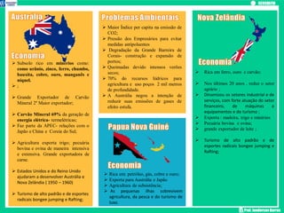 Prof. Janderson Barros
 Subsolo rico em minérios como:
como urânio, zinco, ferro, chumbo,
bauxita, cobre, ouro, manganês e
níquel.
 ;
 Grande Exportador de Carvão
Mineral 2º Maior exportador;
 Carvão Mineral 69% da geração de
energia elétrica- termelétricas;
 Faz parte da APEC- relações com o
Japão e China e Coreia do Sul;
 Agricultura exporta trigo; pecuária
bovina e ovina de maneira intensiva
e extensiva. Grande exportadora de
carne.
 Estados Unidos e do Reino Unido
ajudaram a desenvolver Austrália e
Nova Zelândia ( 1950 – 1960)
 Turismo de alto padrão e de esportes
radicais bongee jumping e Rafting;
 Rica em ferro, ouro e carvão;
 Nos últimos 20 anos , reduz o setor
agrário ;
 Dinamizou os setores industrial e de
serviços, com forte atuação do setor
financeiro, de máquinas e
equipamentos e do turismo ;
 Exporta : madeira, trigo e minérios
 Pecuária bovina e ovina;
 grande exportador de leite ;
 Turismo de alto padrão e de
esportes radicais bongee jumping e
Rafting;
 Rica em: petróleo, gás, cobre e ouro;
 Exporta para Austrália e Japão
 Agricultura de subsistência;
 As pequenas ilhas sobrevivem
agricultura, da pesca e do turismo de
luxo.
 Maior Índice per capita na emissão de
CO2;
 Pressão dos Empresários para evitar
medidas antipoluentes
 Degradação da Grande Barreira de
Corais- construção e expansão de
portos;
 Queimadas devido intensos verões
secos;
 70% do recursos hídricos para
agricultura e uso poços 2 mil metros
de profundidade.
 A Austrália negou a intenção de
reduzir suas emissões de gases de
efeito estufa.
 