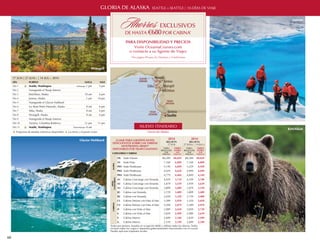 Gloria de Alaska

Seattle a Seattle | 10-Días de Viaje

Ahorros Exclusivos
€680
DE Hasta

Juneau

por cabina*

Para disponibilidad y PRECIOS
Visite OceaniaCruises.com
o contacte a su Agente de Viajes
*Ver página 89 para los Términos y Condiciones

Wrangell
17 Jun | 27 Jun s | 14 JUL s 2014
día
Día 1
Día 2

puerto

c Seattle, Washington

llega

Sale

1 pm

5 pm

Embarque

Navegando el Pasaje Interior

Día 3

Ketchikan, Alaska

Día 4

Juneau, Alaska

10 am

6 pm

1 pm

10 pm

Día 5

Navegando el Glaciar Hubbard

Día 6
Día 7

Icy Strait Point (Hoonah), Alaska

8 am

6 pm

Sitka, Alaska

8 am

6 pm

Día 8

Wrangell, Alaska

8 am

6 pm

Día 9

Navegando el Pasaje Exterior
12 pm

11 pm

Día 10
Día 11

Victoria, Columbia Británica

c Seattle, Washington

Desembarque

nuevo itinerario

8 am

c Programas de estadías extensivas disponibles. ▲ Las horas y el puerto varían.
Glaciar Hubbard

Ketchikan

Gloria de Alaska
Llame para Gratificantes
Descuentos SOBRE las tarifas
mostradas abajo*

Disponibles por tiempo limitado
Categorías Y TARIFAS

2014

regatta
17 jun

2014

regatta
27 Juns | 14 juLs

por
persona

por
persona

TARIFA
INTRO

TARIFA
BROCHURE
por
persona

por
persona

TARIFA
BROCHURE

TARIFA
INTRO

NIVEL
CONCIERGE

Suite Owner

€8,289

€8,029

€8,289

€8,029

VS

Suite Vista

7,169

6,899

7,169

6,899

PH1 Suite Penthouse

5,149

4,849

5,229

4,929

PH2 Suite Penthouse

4,929

4,629

4,999

4,699

PH3 Suite Penthouse

SUITES

OS

4,779

4,469

4,849

4,549

Cabina Concierge con Veranda

4,029

3,719

4,109

3,789

A2

Cabina Concierge con Veranda

3,879

3,559

3,959

3,639

A3

Cabina Concierge con Veranda

3,809

3,489

3,879

3,559

B1

Cabina con Veranda

3,729

3,409

3,809

3,489

B2

Cabina con Veranda

3,659

3,339

3,729

3,409

C1

Cabina Deluxe con Vista al Mar

3,289

2,959

3,359

3,029

C2

Cabina Deluxe con Vista al Mar

3,209

2,879

3,289

2,959

D

Cabina con Vista al Mar

2,989

2,659

3,059

2,729

E

Cabina con Vista al Mar

2,839

2,499

2,989

2,659

F

Cabina Interna

2,689

2,349

2,839

2,499

G

CABINAS

A1

Cabina Interna

2,539

2,199

2,689

2,349

Tarifas por persona, basadas en ocupación doble y reflejan todos los ahorros. Tarifas
incluyen todos los cargos e impuestos gubernamentales relacionados con el crucero.
Pueden aplicarse impuestos locales.

60

PRO40335 21-69 2014 Summer_Itins_SP EU_v8.indd 60

11/7/13 1:10 PM

 