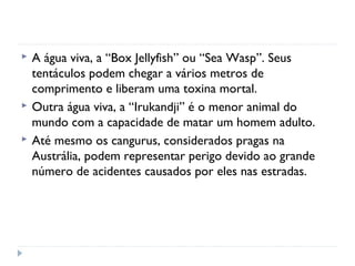  A água viva, a “Box Jellyfish” ou “Sea Wasp”. Seus 
tentáculos podem chegar a vários metros de 
comprimento e liberam uma toxina mortal. 
 Outra água viva, a “Irukandji” é o menor animal do 
mundo com a capacidade de matar um homem adulto. 
 Até mesmo os cangurus, considerados pragas na 
Austrália, podem representar perigo devido ao grande 
número de acidentes causados por eles nas estradas. 
 