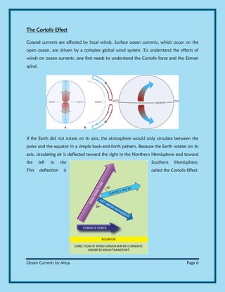 Ocean Currents by Atiqa Page 6
The Coriolis Effect
Coastal currents are affected by local winds. Surface ocean currents, which occur on the
open ocean, are driven by a complex global wind system. To understand the effects of
winds on ocean currents, one first needs to understand the Coriolis force and the Ekman
spiral.
If the Earth did not rotate on its axis, the atmosphere would only circulate between the
poles and the equator in a simple back-and-forth pattern. Because the Earth rotates on its
axis, circulating air is deflected toward the right in the Northern Hemisphere and toward
the left in the Southern Hemisphere.
This deflection is called the Coriolis Effect.
 