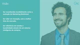 Visão
Ser reconhecida mundialmente como a
evolução do Marketing Multinivel.
Ser Líder em inovação, com o melhor
time do mercado.
Ser referência em vendas e
lucratividade através de um sistema
inteligente de compras.
 