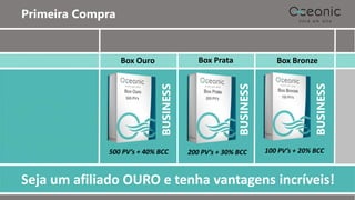 Box BronzeBox PrataBox Ouro
Primeira Compra
500 PV’s + 40% BCC 200 PV’s + 30% BCC 100 PV’s + 20% BCC
BUSINESS
BUSINESS
BUSINESS
Seja um afiliado OURO e tenha vantagens incríveis!
 