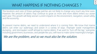 WHAT HAPPENS IF NOTHING CHANGES ?
The locations and sizes of these garbage patches are not likely to change very much any time soon.
However, the amount of debris may continue to grow as more and more debris enters our ocean
each year. This growth will likely worsen current impacts on the environment, navigation, vessel safety,
and the economy.
To prevent marine debris, we need to understand where it is coming from. We know that marine
debris can enter our waterways and ocean in a variety of ways. Improper waste management,
dumping , and stormwater runoff all lead to marine debris. If we want to "turn off the tap," everyone,
including government, businesses, and people like you, will have to make some meaningful changes.
We are the problem, and so we must also be the solution.
2
7
 