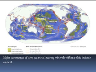 Major occurrences of deep sea metal-bearing minerals within a plate tectonic
content.
 