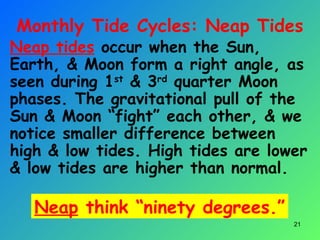 Neap tides occur when the Sun,
Earth, & Moon form a right angle, as
seen during 1st
& 3rd
quarter Moon
phases. The gravitational pull of the
Sun & Moon “fight” each other, & we
notice smaller difference between
high & low tides. High tides are lower
& low tides are higher than normal.
21
Monthly Tide Cycles: Neap Tides
Neap think “ninety degrees.”
 