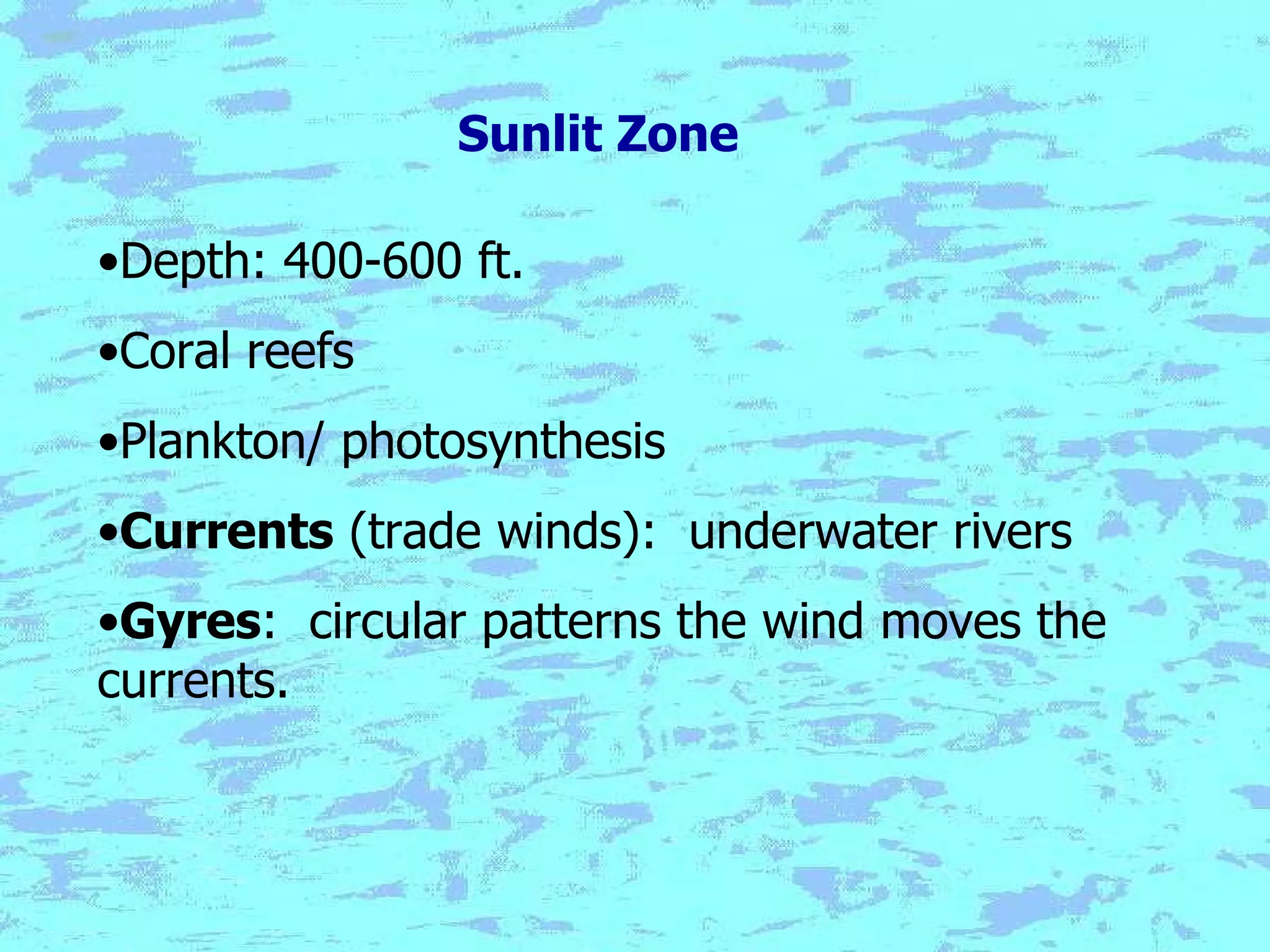 Sunlit Zone Depth: 400-600 ft. Coral reefs Plankton/ photosynthesis Currents  (trade winds):  underwater rivers Gyres :  circular patterns the wind moves the currents. 