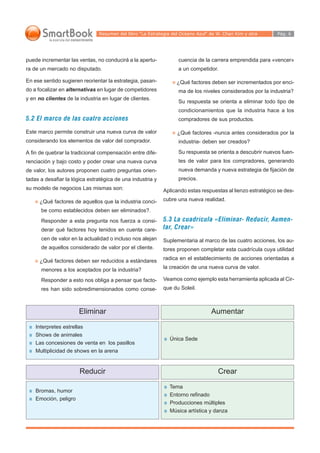 Resumen del libro “La Estrategia del Océano Azul“ de W. Chan Kim y otra Pág. 6
puede incrementar las ventas, no conducirá a la apertu-
ra de un mercado no disputado.
En ese sentido sugieren reorientar la estrategia, pasan-
do a focalizar en alternativas en lugar de competidores
y en no clientes de la industria en lugar de clientes.
5.2 El marco de las cuatro acciones
Este marco permite construir una nueva curva de valor
considerando los elementos de valor del comprador.
A fin de quebrar la tradicional compensación entre dife-
renciación y bajo costo y poder crear una nueva curva
de valor, los autores proponen cuatro preguntas orien-
tadas a desafiar la lógica estratégica de una industria y
su modelo de negocios Las mismas son:
¿Qué factores de aquellos que la industria conci-
be como establecidos deben ser eliminados?.
Responder a esta pregunta nos fuerza a consi-
derar qué factores hoy tenidos en cuenta care-
cen de valor en la actualidad o incluso nos alejan
de aquellos considerado de valor por el cliente.
¿Qué factores deben ser reducidos a estándares
menores a los aceptados por la industria?
Responder a esto nos obliga a pensar que facto-
res han sido sobredimensionados como conse-
cuencia de la carrera emprendida para «vencer»
a un competidor.
¿Qué factores deben ser incrementados por enci-
ma de los niveles considerados por la industria?
Su respuesta se orienta a eliminar todo tipo de
condicionamientos que la industria hace a los
compradores de sus productos.
¿Qué factores -nunca antes considerados por la
industria- deben ser creados?
Su respuesta se orienta a descubrir nuevos fuen-
tes de valor para los compradores, generando
nueva demanda y nueva estrategia de fijación de
precios.
Aplicando estas respuestas al lienzo estratégico se des-
cubre una nueva realidad.
5.3 La cuadrícula «Eliminar- Reducir, Aumen-
tar, Crear»
Suplementaria al marco de las cuatro acciones, los au-
tores proponen completar esta cuadrícula cuya utilidad
radica en el establecimiento de acciones orientadas a
la creación de una nueva curva de valor.
Veamos como ejemplo esta herramienta aplicada al Cir-
que du Soleil.
Interpretes estrellas
Shows de animales
Las concesiones de venta en los pasillos
Multiplicidad de shows en la arena
Única Sede
Eliminar Aumentar
Bromas, humor
Emoción, peligro
Tema
Entorno refinado
Producciones múltiples
Música artística y danza
Reducir Crear
 