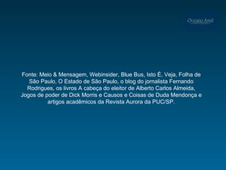 Fonte: Meio & Mensagem, Webinsider, Blue Bus, Isto É, Veja, Folha de São Paulo, O Estado de São Paulo, o blog do jornalista Fernando Rodrigues, os livros A cabeça do eleitor de Alberto Carlos Almeida, Jogos de poder de Dick Morris e Causos e Coisas de Duda Mendonça e artigos acadêmicos da Revista Aurora da PUC/SP. 