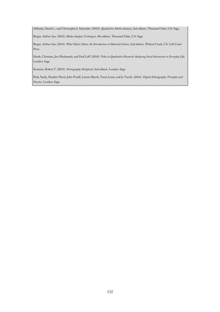 Altheide, David L., and Christopher J. Schneider. (2013). Qualitative Media Analysis, 2nd edition. Thousand Oaks, CA: Sage.
Berger, Arthur Asa. (2012). Media Analysis Techniques, 4th edition. Thousand Oaks, CA: Sage.
Berger, Arthur Asa. (2014). What Objects Mean: An Introduction to Material Culture, 2nd edition. Walnut Creek, CA: Left Coast
Press.
Heath, Christian, Jon Hindmarsh, and Paul Luff. (2010). Video in Qualitative Research: Analysing Social Interaction in Everyday Life.
London: Sage.
Kozinets, Robert V. (2015). Netnography: Redefined, 2nd edition. London: Sage.
Pink, Sarah, Heather Horst, John Postill, Larissa Hjorth, Tania Lewis, and Jo Tacchi. (2016). Digital Ethnography: Principles and
Practice. London: Sage.
132
 