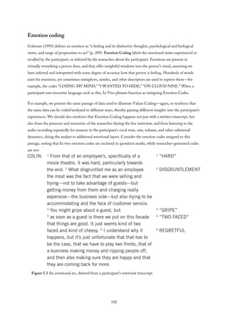 Emotion coding
Goleman (1995) defines an emotion as “a feeling and its distinctive thoughts, psychological and biological
states, and range of propensities to act” (p. 289). Emotion Coding labels the emotional states experienced or
recalled by the participant, or inferred by the researcher about the participant. Emotions are present in
virtually everything a person does, and they offer insightful windows into the person’s mind, assuming we
have inferred and interpreted with some degree of accuracy how that person is feeling. Hundreds of words
exist for emotions, yet sometimes metaphors, similes, and other descriptors are used to express them—for
example, the codes “LOSING MY MIND,” “I WANTED TO HIDE,” “ON CLOUD NINE.” When a
participant uses evocative language such as this, In Vivo phrases function as intriguing Emotion Codes.
For example, we present the same passage of data used to illustrate Values Coding—again, to reinforce that
the same data can be coded/analyzed in different ways, thereby gaining different insights into the participant’s
experiences. We should also reinforce that Emotion Coding happens not just with a written transcript, but
also from the presence and memories of the researcher during the live interview, and from listening to the
audio recording repeatedly for nuances in the participant’s vocal tone, rate, volume, and other subtextual
dynamics, cluing the analyst to additional emotional layers. Consider the emotion codes assigned to this
passage, noting that In vivo emotion codes are enclosed in quotation marks, while researcher-generated codes
are not.
Figure 5.3 An emotional arc, derived from a participant’s interview transcript.
192
 
