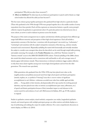 participation? Why did you select those moments?”)
Affects on Adulthood (“In what ways do you think your participation in speech and/or theatre as a high
school student has affected the adult you have become?”)
The four main columns group together participants who graduated from high school in a particular decade.
(Those who graduated in the 1950s through 1970s were grouped together due to the smaller number of survey
respondents from those periods.) Each cell thus represents an intersection between a specific survey prompt’s
collective response by graduation or generational cohort. If a particular pattern was observed across two or
more cohorts, an arrow is used to indicate its presence across the decades.
The purpose of this matrix arrangement was to explore and determine whether participants from different age
ranges held different memories and perceptions of their high school experiences. Each cell includes a
representative summary of the data base—sometimes with the participants’ own words (e.g., “enthusiastic,”
“motivating”) and sometimes with the analyst’s interpretive summaries of the data (e.g., extrinsic rewards,
increased social consciousness). Repeatedly eyeballing the matrix both horizontally and vertically stimulates
the analyst to consider some emergent ideas about the data which can be noted through simple bullet pointing
and analytic memoing. For example, in the Fondest Memories row, a shift from “Extrinsic rewards” to
“Intrinsic rewards” occurs in the 2000s HS GRADUATES column. Vertical eyeballing of the 2000s column
also reveals that related summaries such as connections with and benefits to self, and a stronger sense of
identity appear with intrinsic rewards. These intersections or informal correlations trigger analytic reflection
on why these items cluster together among more-recent high school graduates and not from the older
generations. The research team speculated,
Older generations who graduated from the 1950s–1970s may have placed more value on the
tangible products and publicly announced merit from high school speech and theatre participation
(awards, trophies, etc. as symbols of “winning”) since this is concrete evidence of significant
accomplishment in one’s lifetime—milestones accorded more value from middle-aged and elder
adults. . . . Young adults in their twenties, developmentally still in ripe searches for evolving personal
identities, may have placed more value on intrinsic accomplishments (peer status, affirmation, etc.)
of speech and theatre participation because of their immediate impact on and relevance to the
current search for and evolution of one’s self. (McCammon & Saldaña, 2011, pp. 87–88; emphasis
in original)
Studies in qualitative content analysis, mixed methods, comparative case studies, longitudinal qualitative
research, and research genres with multiple participant groups can utilize matrices and tabular displays as a
way of synthesizing and unifying the corpus for analytic reflection. For a more comprehensive discussion on
matrix displays, see Miles et al. (2014).
332
 