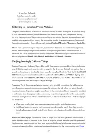 is not where the heart is
but where memories reside
each room an adventure story
(with secret places to hide)
Patterning in Textual and Visual Materials
Categories. Patterns observed in the data are solidified when they’re labeled as categories. A qualitative theory
of social life relies on consistent patterns of human action for its credibility. Thus, categories are building
blocks for the components of theoretical statements. Researchers utilizing the genre of grounded theory will
hopefully construct a central/core category that becomes the stimulus for articulating a theory. Just some of
the possible categories for a theory of home might include Childhood Memories, Alienation, or Family Ties.
Themes. From a phenomenological perspective, themes capture the essence and essentials of an experience.
Themes serve theory by stating manifest and latent meanings through theoretical constructs—a level of
abstraction that can be incorporated into theoretical statements. Madden (2010) puts forth several constructs
when he proposes that Home Is Birth, Home Is Ambivalence, and Home Is Permanent.
Unifying Seemingly Different Things
Concepts. Concepts are the heart of theory. They enable the researcher to transcend from the particular to the
general. If initial analytic work generates codes or categories that do not pass the touch test, rephrase them as
gerunds or abstract ideas to stimulate big picture ideas. For example, a Descriptive Code like CHILDHOOD
BEDROOM could be transformed into a Process Code such as BECOMING A TWEEN. A group of In
Vivo Codes such as “WISH I COULD GO BACK,” “GOOD TIMES,” and “GREAT MEMORIES” can
combine together to form the conceptual category Nostalgia.
Propositions. The if–then property of a theory rests on a series of reliable propositions that hold true across
cases. Propositions are predictive statements, comparable to theory, that link at least two actions through a
conditional premise. Propositions are pilot tests of sorts for the construction of theory because they are subject
to confirmation from the empirical evidence. Assembling propositions in progress for further analysis enables
connection-making between different yet related elements, as in these observations from a study about people
and their homes:
When asked to define their home, most participants first specify a particular city or town.
If childhood homes were abusive, participants tend to speak somewhat angrily about their memories.
Virtually all participants initially look off in the distance when they describe childhood memories from
home.
Matrices and tabular displays. These formats enable an analyst to see the landscape of data and its ranges at a
glance. Theory accounts for variation, so data should be arrayed to help the researcher grasp the dynamics of
the phenomenon under investigation. Since home is perceived differently by individuals, comparing opposing
perspectives in a matrix exhibits variation and stimulates thinking on why that variation might exist. Figure
359
 