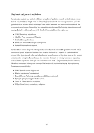 Key book and journal publishers
Several major academic and textbook publishers carry a line of qualitative research methods titles in various
formats and several book-length works of anthropological, educational, and sociological studies. All of the
publishers can be accessed online, and many of them exhibit at national and international conferences. We
recommend subscribing to their mailing lists to stay informed of new and forthcoming titles, discounts, and
catalogs. Just a few publishing houses (with their U.S. Internet addresses) to explore are:
SAGE Publishing: sagepub.com
AltaMira Press: rowman.com/Altamira
Guilford Press: guilford.com
Left Coast Press and Routledge: routledge.com
Oxford University Press: oup.com
Several of these houses along with others publish a series of journals dedicated to qualitative research within
multiple disciplines. Access their sites and enter the word qualitative as a keyword for a search to access
relevant titles. Many journals will e-mail subscribers the table of contents of their latest issues as they become
available online or in print. Researchers can also customize their alerts by entering keywords or requesting
notices of when a particular article gets cited in another future work. College/university libraries will most
likely hold institutional subscriptions to many of the key journals in qualitative inquiry. A few publishing
houses we recommend follow:
SAGE Journals: online.sagepub.com
Elsevier: elsevier.com/journals/title/a
Emerald Group Publishing: emeraldgrouppublishing.com/journals
Springer: springer.com/gp/products/journals
Taylor & Francis: tandf.co.uk/journals
Wiley Online Library: onlinelibrary.wiley.com
452
 