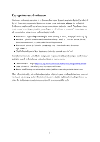 Key organizations and conferences
Disciplinary professional associations (e.g., American Educational Research Association, British Psychological
Society, American Anthropological Association) sponsor regular conferences, webinars, and professional
development workshops with special interest group presentations in qualitative research. Attendance at these
events provides networking opportunities with colleagues as well as forums to present one’s own research. Just
a few organizations with a focus on qualitative inquiry include:
International Congress of Qualitative Inquiry at the University of Illinois, Champaign-Urbana: icqi.org
Centre for Qualitative Research at Bournemouth University’s School of Health and Social Care, UK:
research.bournemouth.ac.uk/centre/centre-for-qualitative-research
International Institute of Qualitative Methodology at the University of Alberta, Edmonton:
iiqm.ualberta.ca
The Qualitative Report of Nova Southeastern University: nsuworks.nova.edu/tqrc/
Selected universities in the United States offer graduate programs and certificates focusing on interdisciplinary
qualitative research methods through online, hybrid, and on-campus courses:
The University of Georgia: https://coe.uga.edu/academics/non-degree/certificates/qualitative-research
Nova Southeastern University: tqr.nova.edu/graduate-certificate/
Kansas State University: coe.k-state.edu/academics/graduate/certificates/qualitative-research.html
Many colleges/universities and professional associations offer travel grants, awards, and other forms of support
for students and emerging scholars. Application to these opportunities might result in funding or honors, and
might also familiarize an association’s membership with a researcher and her work.
454
 
