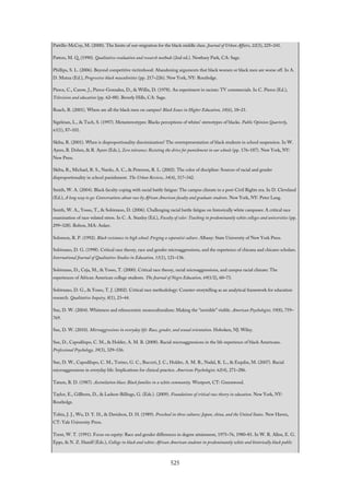 Pattillo-McCoy, M. (2000). The limits of out-migration for the black middle class. Journal of Urban Affairs, 22(3), 225–241.
Patton, M. Q. (1990). Qualitative evaluation and research methods (2nd ed.). Newbury Park, CA: Sage.
Phillips, S. L. (2006). Beyond competitive victimhood: Abandoning arguments that black women or black men are worse off. In A.
D. Mutua (Ed.), Progressive black masculinities (pp. 217–226). New York, NY: Routledge.
Pierce, C., Carew, J., Pierce-Gonzalez, D., & Willis, D. (1978). An experiment in racism: TV commercials. In C. Pierce (Ed.),
Television and education (pp. 62–88). Beverly Hills, CA: Sage.
Roach, R. (2001). Where are all the black men on campus? Black Issues in Higher Education, 18(6), 18–21.
Sigelman, L., & Tuch, S. (1997). Metastereotypes: Blacks perceptions of whites’ stereotypes of blacks. Public Opinion Quarterly,
61(1), 87–101.
Skiba, R. (2001). When is disproportionality discrimination? The overrepresentation of black students in school suspension. In W.
Ayers, B. Dohrn, & R. Ayers (Eds.), Zero tolerance: Resisting the drive for punishment in our schools (pp. 176–187). New York, NY:
New Press.
Skiba, R., Michael, R. S., Nardo, A. C., & Peterson, R. L. (2002). The color of discipline: Sources of racial and gender
disproportionality in school punishment. The Urban Review, 34(4), 317–342.
Smith, W. A. (2004). Black faculty coping with racial battle fatigue: The campus climate in a post-Civil Rights era. In D. Cleveland
(Ed.), A long way to go: Conversations about race by African American faculty and graduate students. New York, NY: Peter Lang.
Smith, W. A., Yosso, T., & Solórzano, D. (2006). Challenging racial battle fatigue on historically white campuses: A critical race
examination of race-related stress. In C. A. Stanley (Ed.), Faculty of color: Teaching in predominantly white colleges and universities (pp.
299–328). Bolton, MA: Anker.
Solomon, R. P. (1992). Black resistance in high school: Forging a separatist culture. Albany: State University of New York Press.
Solórzano, D. G. (1998). Critical race theory, race and gender microaggressions, and the experience of chicana and chicano scholars.
International Journal of Qualitative Studies in Education, 11(1), 121–136.
Solórzano, D., Ceja, M., & Yosso, T. (2000). Critical race theory, racial microaggressions, and campus racial climate: The
experiences of African American college students. The Journal of Negro Education, 69(1/2), 60–73.
Solórzano, D. G., & Yosso, T. J. (2002). Critical race methodology: Counter-storytelling as an analytical framework for education
research. Qualitative Inquiry, 8(1), 23–44.
Sue, D. W. (2004). Whiteness and ethnocentric monoculturalism: Making the “invisible” visible. American Psychologist, 59(8), 759–
769.
Sue, D. W. (2010). Microaggressions in everyday life: Race, gender, and sexual orientation. Hoboken, NJ: Wiley.
Sue, D., Capodilupo, C. M., & Holder, A. M. B. (2008). Racial microaggressions in the life experience of black Americans.
Professional Psychology, 39(3), 329–336.
Sue, D. W., Capodilupo, C. M., Torino, G. C., Bucceri, J. C., Holder, A. M. B., Nadal, K. L., & Esqulin, M. (2007). Racial
microaggressions in everyday life: Implications for clinical practice. American Psychologist, 62(4), 271–286.
Tatum, B. D. (1987). Assimilation blues: Black families in a white community. Westport, CT: Greenwood.
Taylor, E., Gillborn, D., & Ladson-Billings, G. (Eds.). (2009). Foundations of critical race theory in education. New York, NY:
Routledge.
Tobin, J. J., Wu, D. Y. H., & Davidson, D. H. (1989). Preschool in three cultures: Japan, china, and the United States. New Haven,
CT: Yale University Press.
Trent, W. T. (1991). Focus on equity: Race and gender differences in degree attainment, 1975–76, 1980–81. In W. R. Allen, E. G.
Epps, & N. Z. Haniff (Eds.), College in black and white: African American students in predominantly white and historically black public
525
 