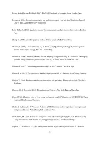 Bryant, A., & Charmaz, K. (Eds.). (2007). The SAGE handbook of grounded theory. London: Sage.
Bryman, A. (2006). Integrating quantitative and qualitative research: How is it done? Qualitative Research
6(1), 97–113. doi:10.1177/1468794106058877
Butler-Kisber, L. (2010). Qualitative inquiry: Thematic, narrative, and arts-informed perspectives. London:
Sage.
Chang, H. (2008). Autoethnography as method. Walnut Creek, CA: Left Coast Press.
Charmaz, K. (2008). Grounded theory. In J. A. Smith (Ed.), Qualitative psychology: A practical guide to
research methods (2nd ed.) (pp. 81–110). London: Sage.
Charmaz, K. (2009). The body, identity, and self: Adapting to impairment. In J. M. Morse et al., Developing
grounded theory: The second generation (pp. 155–191). Walnut Creek, CA: Left Coast Press.
Charmaz, K. (2014). Constructing grounded theory (2nd ed.). Thousand Oaks, CA: Sage.
Charon, J. M. (2013). Ten questions: A sociological perspective (8th ed.). Belmont, CA: Cengage Learning.
Chirkov, V. (2016). Fundamentals of research on culture and psychology: Theory and methods. New York:
Routledge.
Churton, M., & Brown, A. (2010). Theory & method (2nd ed.). New York: Palgrave Macmillan.
Cigna. (2012). A healthier point of view: Living at a healthier weight (Publication no. 835420 b04/12). Cigna
Health and Life Insurance Company.
Clarke, A. E., Friese, C., & Washburn, R. (Eds.). (2015) Situational analysis in practice: Mapping research
with grounded theory. Walnut Creek, CA: Left Coast Press.
Clark-Ibáñez, M. (2008). Gender and being “bad”: Inner-city students’ photographs. In P. Thomson (Ed.),
Doing visual research with children and young people (pp. 95–113). London: Routledge.
Coghlan, D., & Brannick, T. (2010). Doing action research in your own organization (3rd ed.). London:
552
 