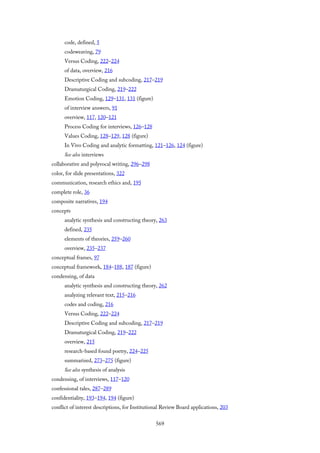 code, defined, 5
codeweaving, 79
Versus Coding, 222–224
of data, overview, 216
Descriptive Coding and subcoding, 217–219
Dramaturgical Coding, 219–222
Emotion Coding, 129–131, 131 (figure)
of interview answers, 91
overview, 117, 120–121
Process Coding for interviews, 126–128
Values Coding, 128–129, 128 (figure)
In Vivo Coding and analytic formatting, 121–126, 124 (figure)
See also interviews
collaborative and polyvocal writing, 296–298
color, for slide presentations, 322
communication, research ethics and, 195
complete role, 36
composite narratives, 194
concepts
analytic synthesis and constructing theory, 263
defined, 235
elements of theories, 259–260
overview, 235–237
conceptual frames, 97
conceptual framework, 184–188, 187 (figure)
condensing, of data
analytic synthesis and constructing theory, 262
analyzing relevant text, 215–216
codes and coding, 216
Versus Coding, 222–224
Descriptive Coding and subcoding, 217–219
Dramaturgical Coding, 219–222
overview, 215
research-based found poetry, 224–225
summarized, 273–275 (figure)
See also synthesis of analysis
condensing, of interviews, 117–120
confessional tales, 287–289
confidentiality, 193–194, 194 (figure)
conflict of interest descriptions, for Institutional Review Board applications, 203
569
 