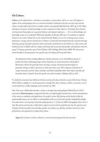 On Culture
Culture and its related terms—subculture, microculture, counterculture, and so on—are a bit slippery to
explain. Even anthropologists have no consensus; hundreds of definitions for the core term exist, and the
culture concept today is perceived as unstable, random, and unpredictable (Kozinets, 2015, pp. 6, 10). Many
descriptions, however, include knowledge as a key component of what culture is: “knowledge that is learned
and shared and that people use to generate behavior and interpret experience. . . . It is social knowledge, not
knowledge unique to an individual” (McCurdy, Spradley, & Shandy, 2005, pp. 5–6; emphasis in original).
Culture is not a static “thing” that can be observed directly. Rather, it is an ever-evolving process, system,
abstraction, concept, and even performance. Culture is constructed and interpreted by the researcher through
observing a group of people’s particular actions and words, social practices and routines (i.e., their norms and
traditions), tacit or hidden rules for conduct, and rituals and ceremonies that produce and reproduce what the
group “is” during a particular span of time (Chirkov, 2016; Duhigg, 2016; Gobo, 2008). We characterize
culture broadly as the participants’ site-specific ways of working and living with others:
As individuals we have multiple affiliations, whether voluntary or not, with different groups of
people. Our types of belonging shape and are shaped by our social interactions with [others].
Researchers observe the particular forms of acting, reacting, and interacting that happen in
particular settings in order to document in what ways these occur. The composite combination of
unique interactions and the values, attitudes, and beliefs embedded within them help us identify and
formulate what is “cultural” about the specific site and its members. (Saldaña, 2015, p. 101)
To clarify the sometimes hazy difference between society and culture, the latter is part of the former. Charon
(2013) defines a society as “a social organization of people who share a history, a culture, a structure, a set of
social institutions, usually a language, and an identity” (p. 340).
One of the ways a fieldworker describes a culture is through what anthropologist Clifford Geertz (1973)
promoted as thick description, an approach that does not imply lengthy narratives but a written interpretation
of the nuances, complexity, and significance of a people’s actions. By focusing on the details of what we
experientially witness, we can reflect on and hopefully render an account that provides insightful knowledge
for readers about a social group’s interrelationship dynamics. C. J. Pascoe’s (2007) ethnography, Dude, You’re a
Fag: Masculinity and Sexuality in High School, explores not just male homophobia, but also the spectrum and
interplay of heterosexuality, homosexuality, gender, race, bodies, sex, identity, and their interwoven ritual
performance and reproduction in high school culture.
Figure 2.1 A culture or what is cultural is constructed and interpreted by the researcher.
57
 