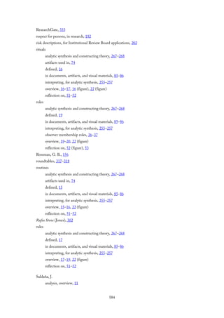 ResearchGate, 333
respect for persons, in research, 192
risk descriptions, for Institutional Review Board applications, 202
rituals
analytic synthesis and constructing theory, 267–268
artifacts used in, 74
defined, 16
in documents, artifacts, and visual materials, 85–86
interpreting, for analytic synthesis, 255–257
overview, 16–17, 16 (figure), 22 (figure)
reflection on, 51–52
roles
analytic synthesis and constructing theory, 267–268
defined, 19
in documents, artifacts, and visual materials, 85–86
interpreting, for analytic synthesis, 255–257
observer membership roles, 36–37
overview, 19–20, 22 (figure)
reflection on, 52 (figure), 53
Rossman, G. B., 156
roundtables, 317–318
routines
analytic synthesis and constructing theory, 267–268
artifacts used in, 74
defined, 15
in documents, artifacts, and visual materials, 85–86
interpreting, for analytic synthesis, 255–257
overview, 15–16, 22 (figure)
reflection on, 51–52
Rufus Stone (Jones), 302
rules
analytic synthesis and constructing theory, 267–268
defined, 17
in documents, artifacts, and visual materials, 85–86
interpreting, for analytic synthesis, 255–257
overview, 17–19, 22 (figure)
reflection on, 51–52
Saldaña, J.
analysis, overview, 11
584
 