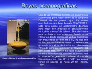 Boyas oceanográficas
                                               Una de las empresas pioneras en instrumentos
                                               superficiales para medir oleaje es la compañía
                                               Datawell de los países bajos; los cuales
                                               manufacturan una boya llamada WAVERIDER.
                                               Esta boya posee un acelerómetro diseñado
                                               para medir con precisión el desplazamiento
                                               vertical de la superficie del mar. El acelerómetro
                                               esta montado en una esfera con líquido en su
                                               interior en donde permanece vertical trabajando
                                               con frecuencias de 0.04 Hz a 0.2 Hz que son
                                               las frecuencias típicas de la olas. La información
                                               generada por el acelerómetro es doblemente
                                               integrada para así recuperar la elevación del
                                               perfil de las olas. Hoy en día estos instrumentos
                                               tienen la capacidad de transmitir en tiempo real
                                               la información generada mediante el uso de
Figura 8. Ejemplo de una Boya oceanográfica.
                                               transmisores del tipo HF o VHF los cuales
                                               tienen un alcance de hasta 20 km (Young,
                                               1999).
 