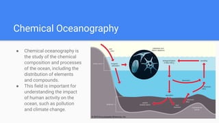 Chemical Oceanography
● Chemical oceanography is
the study of the chemical
composition and processes
of the ocean, including the
distribution of elements
and compounds.
● This ﬁeld is important for
understanding the impact
of human activity on the
ocean, such as pollution
and climate change.
 