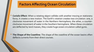 Factors Affecting Ocean Circulation
• Coriolis Effect: When a rotating object collides with another moving or stationery
force, it creates a new motion. The Earth's rotation creates two circulation: one, a
clockwise movement of water in the Northern Hemisphere; the other, a counter-
clockwise movement of water in the Southern hemisphere. When these circulation
are deflected by land masses, they create huge ocean circulation called gyres.
• The Shape of the Coastline: The shape of the coastline of the ocean basins often
deflects currents from their direct courses.
19
 