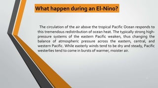 What happen during an El-Nino?
22
The circulation of the air above the tropical Pacific Ocean responds to
this tremendous redistribution of ocean heat. The typically strong high-
pressure systems of the eastern Pacific weaken, thus changing the
balance of atmospheric pressure across the eastern, central, and
western Pacific. While easterly winds tend to be dry and steady, Pacific
westerlies tend to come in bursts of warmer, moister air.
 