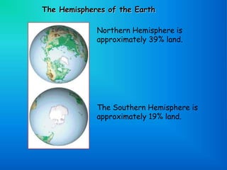 The Hemispheres of the Earth
Northern Hemisphere is
approximately 39% land.
The Southern Hemisphere is
approximately 19% land.
 