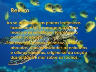 RelevoAo se afastarem, as placas tectónicas fazem com que o magma suba do manto e se solidifique, formando a crosta oceânica. Falésias: são formas de relevo lituânio abruptas, com delividades acentuadas e alturas variadas, origina-se da acção das ondas do mar sobre as rochas. 