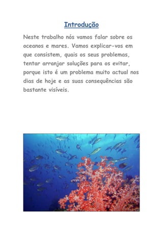 Introdução
Neste trabalho nós vamos falar sobre os
oceanos e mares. Vamos explicar-vos em
que consistem, quais os seus problemas,
tentar arranjar soluções para os evitar,
porque isto é um problema muito actual nos
dias de hoje e as suas consequências são
bastante visíveis.
 