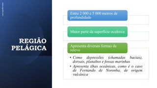 REGIÃO
PELÁGICA
www.jografia.com
Entre 2 000 e 5 000 metros de
profundidade
Maior parte da superfície oceânica
• Como depressões (chamadas bacias),
dorsais, planaltos e fossas marinhas
• Apresenta ilhas oceânicas, como é o caso
de Fernando de Noronha, de origem
vulcânica
Apresenta diversas formas de
relevo
 