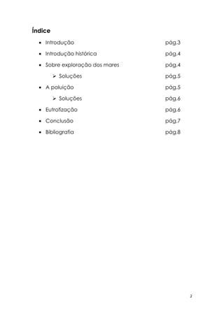 Índice
  • Introdução                   pág.3

  • Introdução histórica         pág.4

  • Sobre exploração dos mares   pág.4

          Soluções              pág.5

  • A poluição                   pág.5

          Soluções              pág.6

  • Eutrofização                 pág.6

  • Conclusão                    pág.7

  • Bibliografia                 pág.8




                                         2
 