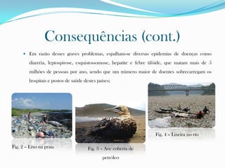 Consequências (cont.)
 Em razão desses graves problemas, espalham-se diversas epidemias de doenças como
diarréia, leptospirose, esquistossomose, hepatite e febre tifóide, que matam mais de 5
milhões de pessoas por ano, sendo que um número maior de doentes sobrecarregam os
hospitais e postos de saúde destes países;
Fig. 4 – Lixeira no rio
Fig. 3 – Ave coberta de
petróleo
Fig. 2 – Lixo na praia
 