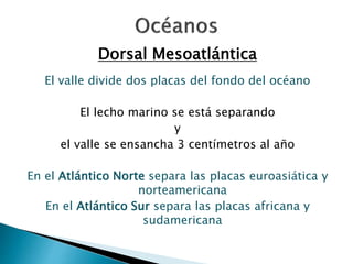 Dorsal Mesoatlántica 
El valle divide dos placas del fondo del océano 
El lecho marino se está separando 
y 
el valle se ensancha 3 centímetros al año 
En el Atlántico Norte separa las placas euroasiática y 
norteamericana 
En el Atlántico Sur separa las placas africana y 
sudamericana 
 