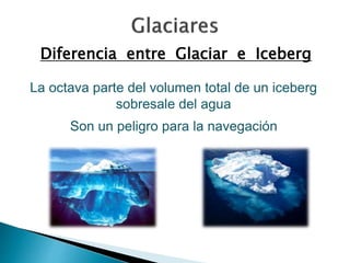 Diferencia entre Glaciar e Iceberg 
La octava parte del volumen total de un iceberg 
sobresale del agua 
Son un peligro para la navegación 
 