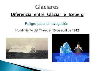 Diferencia entre Glaciar e Iceberg 
Peligro para la navegación 
Hundimiento del Titanic el 15 de abril de 1912 
 