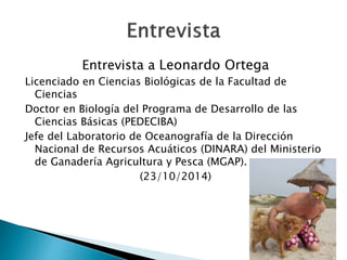Entrevista a Leonardo Ortega 
Licenciado en Ciencias Biológicas de la Facultad de 
Ciencias 
Doctor en Biología del Programa de Desarrollo de las 
Ciencias Básicas (PEDECIBA) 
Jefe del Laboratorio de Oceanografía de la Dirección 
Nacional de Recursos Acuáticos (DINARA) del Ministerio 
de Ganadería Agricultura y Pesca (MGAP). 
(23/10/2014) 
 