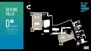 ‫צ‬
‫ד‬
‫מז‬
‫מע‬
D-L
D-R
‫דיור‬ .‫ח‬
‫שינה‬ .‫ח‬
-
342
-
- 450 -
‫מטבח‬
‫אוכל‬ .‫פ‬
‫אורחים‬ .‫ש‬
169 / 155
‫כניסה‬
‫ם‬‫י‬‫ר‬‫ו‬‫ה‬ ‫ה‬‫נ‬‫י‬‫ש‬ .‫ח‬
512 / 402
‫ם‬‫י‬‫ר‬‫ו‬‫ה‬ ‫ה‬‫צ‬‫ח‬‫ר‬ .‫ח‬
400 / 195
‫ה‬‫י‬‫ט‬‫ב‬‫מ‬‫א‬ .‫ח‬
170 / 215
‫ת‬‫ו‬‫ר‬‫י‬‫ש‬ .‫מ‬
117 / 212
‫ד‬‫״‬‫מ‬‫מ‬ / ‫ר‬‫ש‬‫ו‬‫כ‬ .‫ח‬
345 / 272
- 427 -
-
2
1
4
-
-
4
8
7
-
- 752 -
- 552 -
-
440
-
- 537 -
-
942
-
- 117 -
-
867
-
30 ‫קומה‬
‫מרפסת‬ ‫מ״ר‬ 74.3 ‫סה״כ‬ + ‫מ״ר‬ 202
SKYLINE
2.3.2021 .‫החברה‬ ‫את‬ ‫יחייבו‬ ‫בלבד‬ ‫והם‬ ‫הבנייה‬ ‫היתר‬ ‫קבלת‬ ‫לאחר‬ ‫שיערכו‬ ‫כפי‬ ‫המכר‬ ‫ותכניות‬ ‫המפרטים‬ .‫התכנון‬ ‫גורמי‬ ‫והנחיות‬ ‫בנייה‬ ‫התרי‬ ‫פי‬ ‫על‬ ‫לרבות‬ ,‫לשינויים‬ ‫וכפופים‬ ‫בלבד‬ ‫והדמיה‬ ‫המחשה‬ ‫לצורך‬ ‫הינם‬ ‫זה‬ ‫בדף‬ ‫והפרטים‬ ‫התכנית‬
The plan and details shown on this page are for illustration and visualization purposes only and are subject to change, including in accordance with building permits and
planning authority guidelines. The sales plans and specifications will be finalized after receipt of the building permit, and they alone shall be binding upon the company.
LOWER LEVEL – 30
Skyline
villa
202 SQM RESIDENTIAL AREA
74.3 SQM BALCONY
dr
5-ROOM DUPLEX
FLOORS 30-31
‫צ‬
‫ד‬
‫מז‬
‫מע‬
D-L
D-R
‫ם‬‫י‬‫ר‬‫ו‬‫ה‬ ‫ה‬‫נ‬‫י‬‫ש‬ .‫ח‬
512 / 402
‫ם‬‫י‬‫ר‬‫ו‬‫ה‬ ‫ה‬‫צ‬‫ח‬‫ר‬ .‫ח‬
400 / 195
- 427 -
-
2
1
4
-
-
4
8
7
-
- 752 -
- 552 -
- 537 -
2.3.2021 .‫החברה‬ ‫את‬ ‫יחייבו‬ ‫בלבד‬ ‫והם‬ ‫הבנייה‬ ‫היתר‬ ‫קבלת‬ ‫לאחר‬ ‫שיערכו‬ ‫כפי‬ ‫המכר‬ ‫ותכניות‬ ‫המפרטים‬ .‫התכנון‬ ‫גורמי‬ ‫והנחיות‬ ‫בנייה‬ ‫התרי‬ ‫פי‬ ‫על‬ ‫לרבות‬ ,‫לשינויים‬ ‫וכפופים‬ ‫בלבד‬ ‫והדמיה‬ ‫המחשה‬ ‫לצורך‬ ‫הינם‬ ‫זה‬ ‫בדף‬ ‫והפרטים‬ ‫התכנית‬
FLOOR 30
Master Bathroom
Master Bedroom
Utility Room
Gym / Safe Room
Living Room
Kitchen
ENTRANCE
Bathroom
Guest Bathroom
Bedroom
Dining Area
 