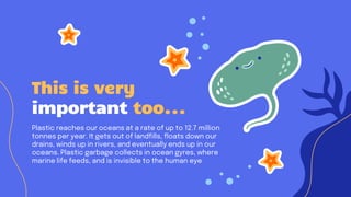 This is very
important too...
Plastic reaches our oceans at a rate of up to 12.7 million
tonnes per year. It gets out of landfills, floats down our
drains, winds up in rivers, and eventually ends up in our
oceans. Plastic garbage collects in ocean gyres, where
marine life feeds, and is invisible to the human eye
 