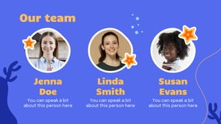 Jenna
Doe
You can speak a bit
about this person here
Linda
Smith
You can speak a bit
about this person here
Our team
Susan
Evans
You can speak a bit
about this person here
 